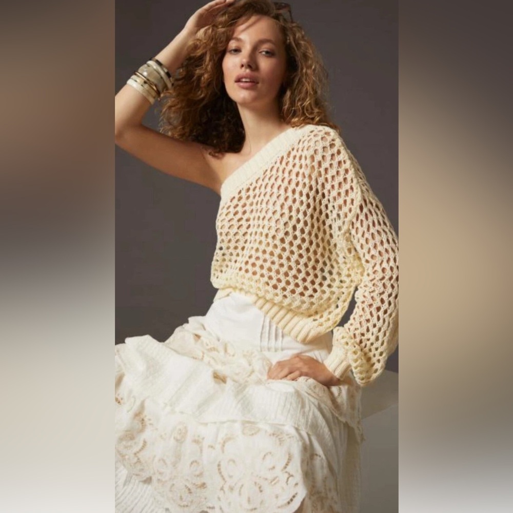 Maeve Cream Off-the-Shoulder Sweater with Open-Knit Design